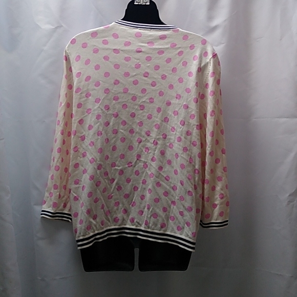 Talbots white pink poka dot cardigan with navy blue trim (neck bottom hem sleeve - Picture 6 of 7